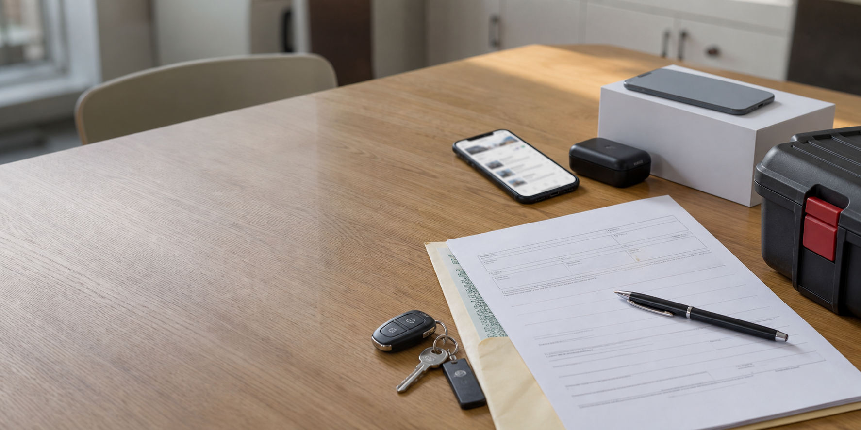Private sale paperwork with keys, phone, and marketplace items